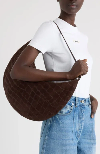 Jacquemus Le Calisso Rond Large Brown Shoulder Bag With Adjustable Strap And Embossed Crodocile Effect In Leat