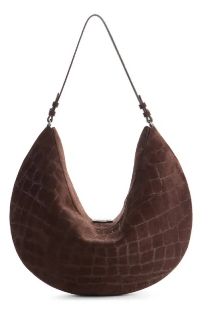 Jacquemus Le Calisso Rond Large Brown Shoulder Bag With Adjustable Strap And Embossed Crodocile Effect In Leat