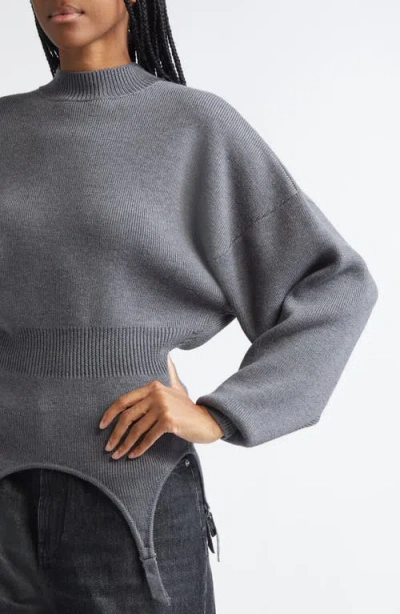 Jean Paul Gaultier High Neck Bat Sleeves Lingerie Garter Pullover Sweater In Gray