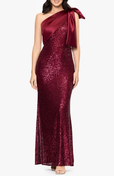 Betsy & Adam Sequin Bow One-shoulder Column Gown In Burgundy