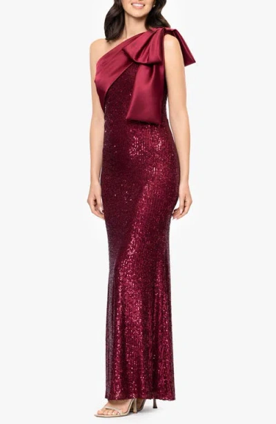 Betsy & Adam Sequin Bow One-shoulder Column Gown In Burgundy