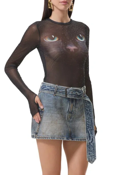 Afrm Kaylee Dew Drop Printed Long Sleeve Mesh Top In Black