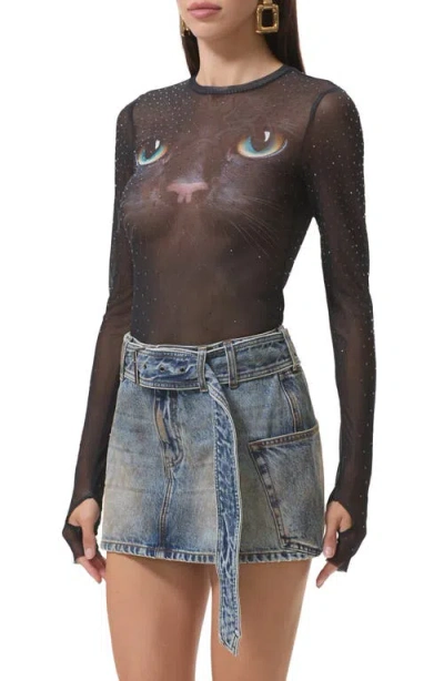 Afrm Kaylee Dew Drop Printed Long Sleeve Mesh Top In Black