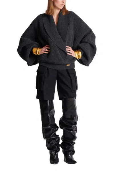 Balmain Oversized Ribbed Knit Pullover With Shawl Collar In Gray