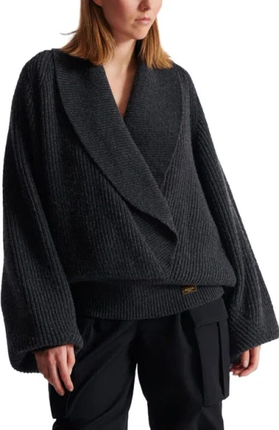 Balmain Oversized Ribbed Knit Pullover With Shawl Collar In Gray