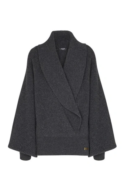 Balmain Oversized Ribbed Knit Pullover With Shawl Collar In Gray