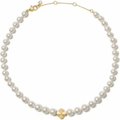 Kate Spade Imitation Pearl And Cubic Zirconia Flower Pendant Necklace In Gold