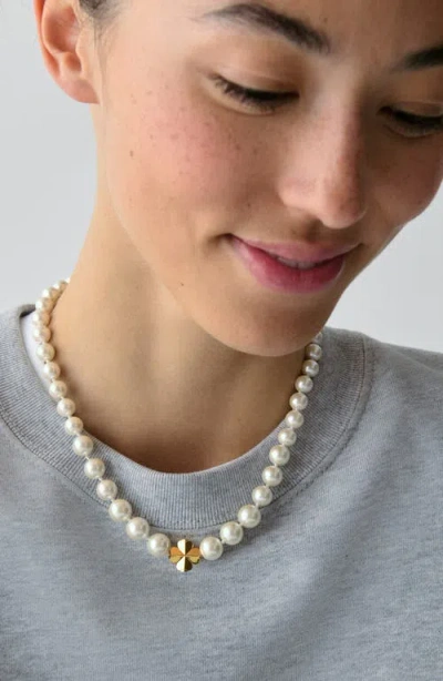 Kate Spade Imitation Pearl And Cubic Zirconia Flower Pendant Necklace In Gold