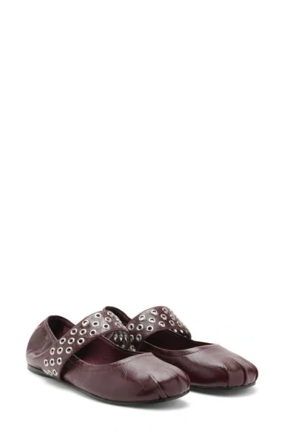 Mango Leather Eyelet Strap Toe Detail Flat Shoe In Burgundy