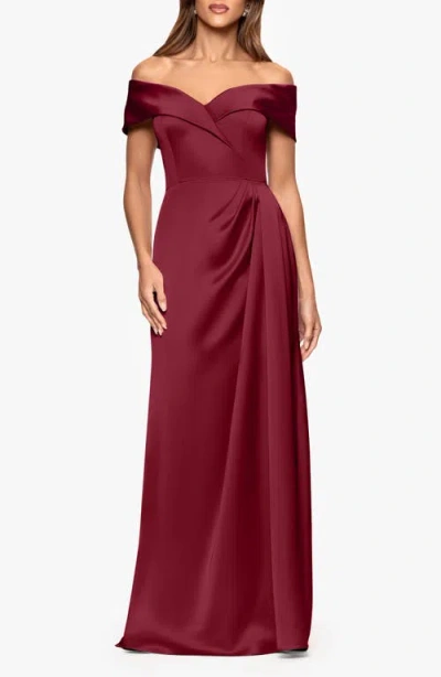 Xscape Evenings Off The Shoulder Satin Gown In Burgundy