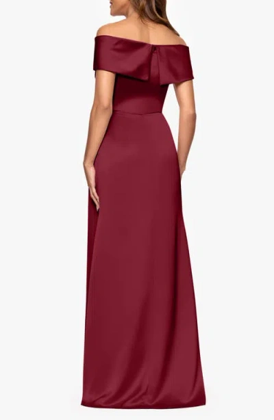 Xscape Evenings Off The Shoulder Satin Gown In Burgundy