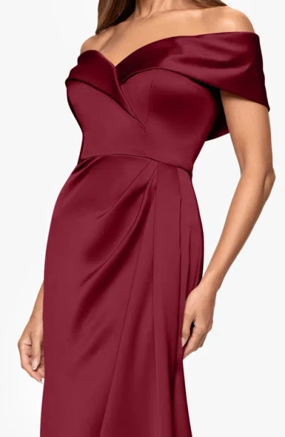 Xscape Evenings Off The Shoulder Satin Gown In Burgundy