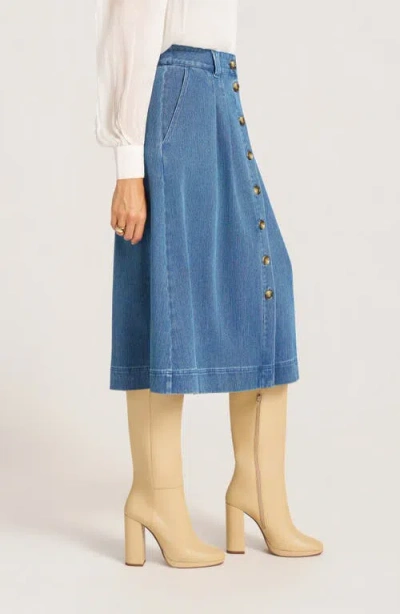 Matty M . Marlow Button Front Midi Denim Skirt In Blue