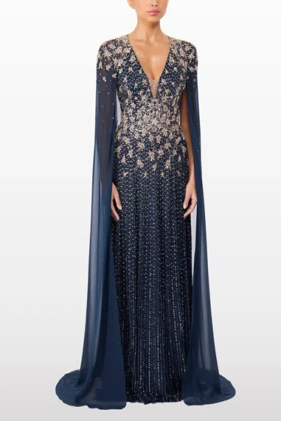 Jenny Packham Moonlight Star-embellished Cape-design Maxi Dress In Blue