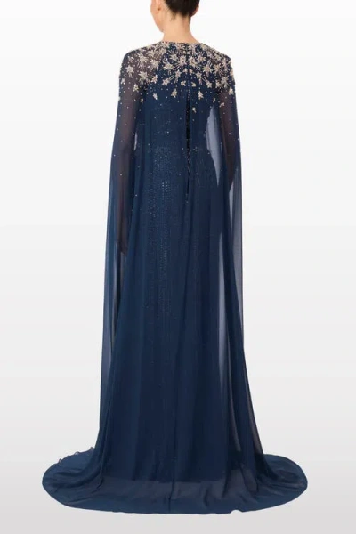 Jenny Packham Moonlight Star-embellished Cape-design Maxi Dress In Blue