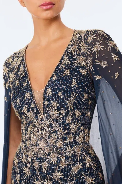 Jenny Packham Moonlight Star-embellished Cape-design Maxi Dress In Blue