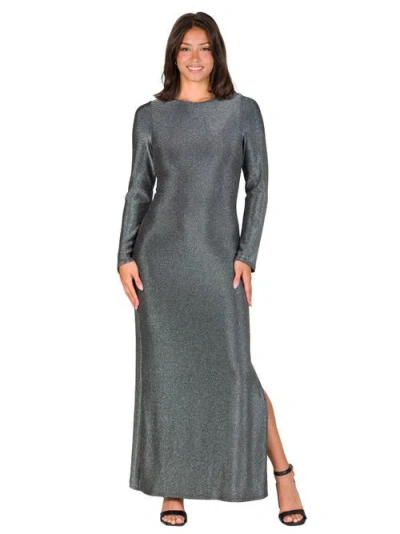24seven Comfort Apparel Women's Fitted Long Sleeve Shimmery Side Slit Maxi Dress In Gray