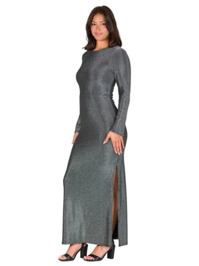 24seven Comfort Apparel Women's Fitted Long Sleeve Shimmery Side Slit Maxi Dress In Gray