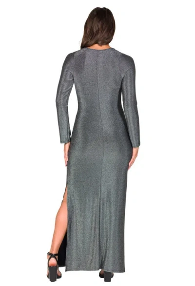 24seven Comfort Apparel Women's Fitted Long Sleeve Shimmery Side Slit Maxi Dress In Gray