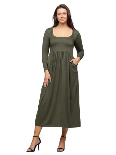 24seven Comfort Apparel Women's Long Sleeve Empire Waist Pocket Maxi Dress In Green
