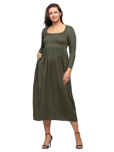 24seven Comfort Apparel Women's Long Sleeve Empire Waist Pocket Maxi Dress In Green