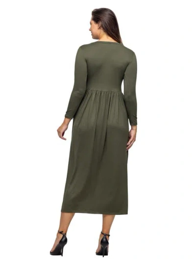 24seven Comfort Apparel Women's Long Sleeve Empire Waist Pocket Maxi Dress In Green
