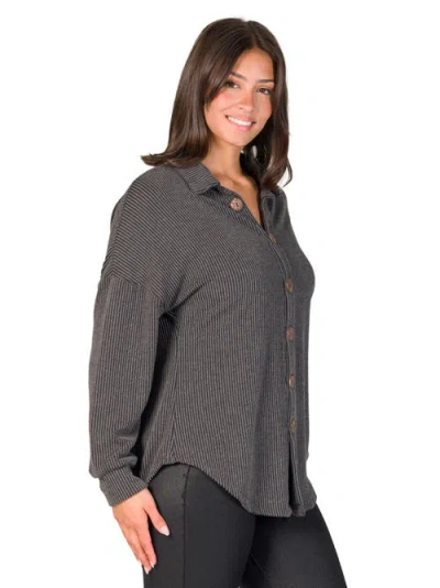 24seven Comfort Apparel Women's Ribbed Button Up Long Sleeve Collared Shirt Jacket In Multi