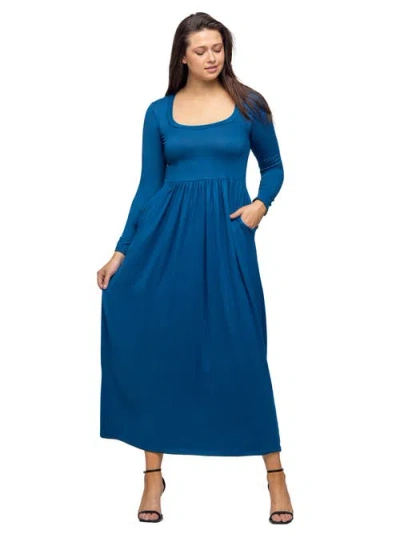 24seven Comfort Apparel Women's Long Sleeve Empire Waist Pocket Maxi Dress In Blue