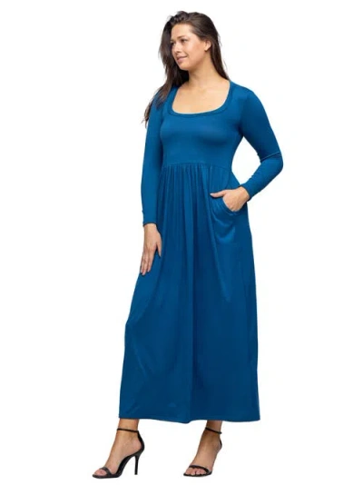 24seven Comfort Apparel Women's Long Sleeve Empire Waist Pocket Maxi Dress In Blue