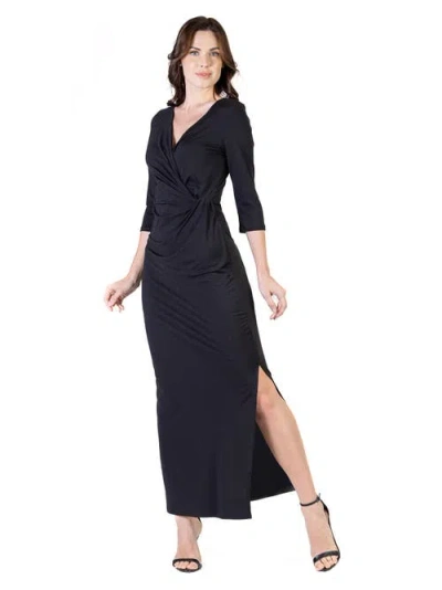 24seven Comfort Apparel Women's Fitted V-neck Side Slit Maxi Dress In Black
