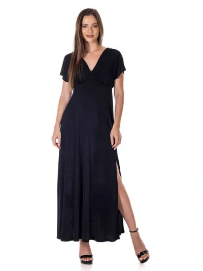 24seven Comfort Apparel Womens Flutter Sleeve Metallic Knit Maxi Dress Front Slit Empire Waist In Black