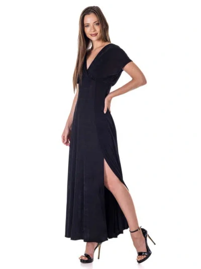 24seven Comfort Apparel Womens Flutter Sleeve Metallic Knit Maxi Dress Front Slit Empire Waist In Black