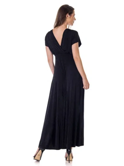 24seven Comfort Apparel Womens Flutter Sleeve Metallic Knit Maxi Dress Front Slit Empire Waist In Black