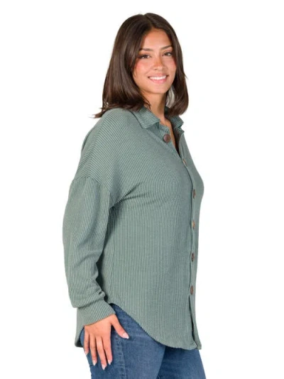 24seven Comfort Apparel Women's Ribbed Button Up Long Sleeve Collared Shirt Jacket In Green