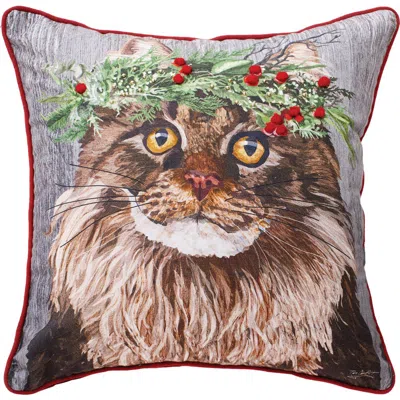 C & F Home C&f Home Cat Wearing Holly Crown Printed & Embellished Christmas Accent Pillow, 18" X 18" In Brown