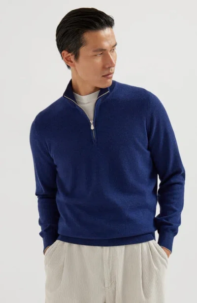 Brunello Cucinelli Blue Cashmere Blend Lightweight Half-zip Sweater