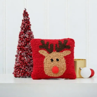 C & F Home C&f Home Reindeer Games With Red Nose Petite Hooked Accent Pillow, 8" X 8" In Red