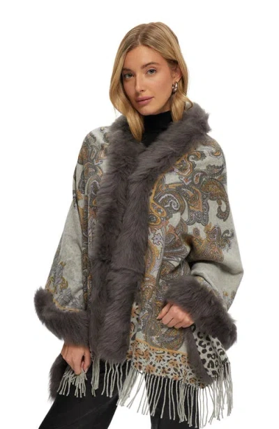 Gorski Double Faced Cashmere Stole With Toscana Lamb Tape Top And Bottom In Gray