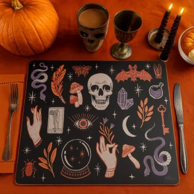 C & F Home C&f Home Halloween Skull Magic Hardboard Mdf Placemat Set Of 6, 13" X 16" In Black