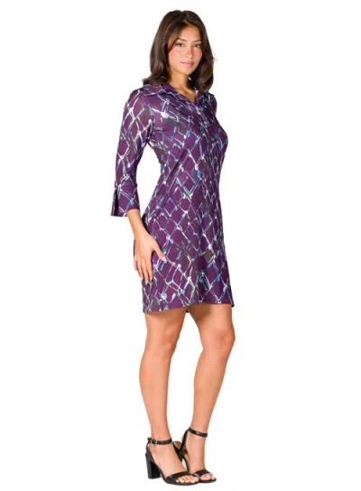 24seven Comfort Apparel Women's Purple Print Three Quarter Sleeve Mini Dress In Purple