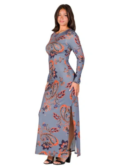 24seven Comfort Apparel Women's Grey Long Sleeve Side Slit Fitted Maxi Dress In Animal Print