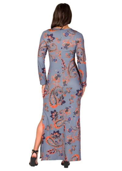 24seven Comfort Apparel Women's Grey Long Sleeve Side Slit Fitted Maxi Dress In Animal Print