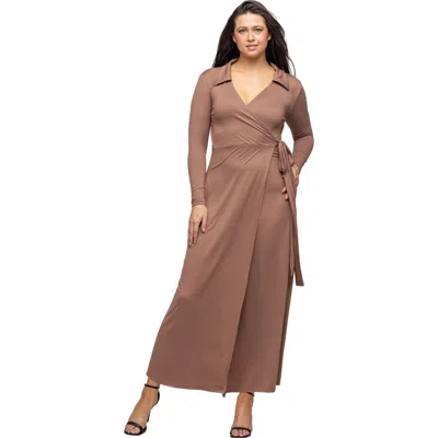 24seven Comfort Apparel Women's Comfortable Collared Wrap Maxi Dress In Brown
