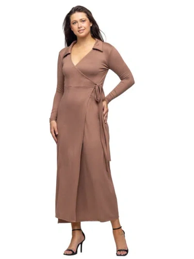 24seven Comfort Apparel Women's Comfortable Collared Wrap Maxi Dress In Brown