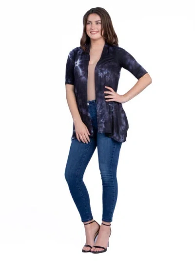 24seven Comfort Apparel Tie Dye Elbow Sleeve Open Front Cardigan In Black