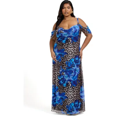 Fashion-szn Curve Leopard Print And Floral Maxi Dress In Blue