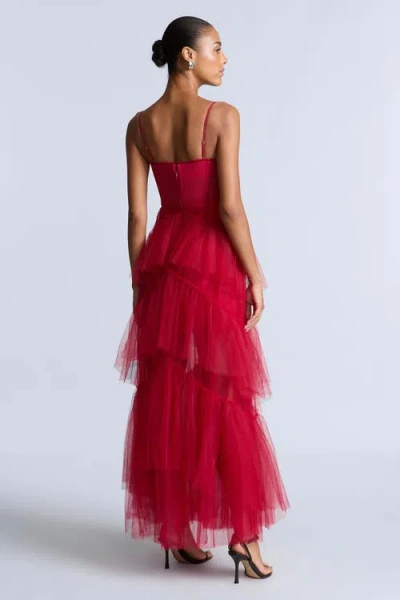 Bcbg Oly Tiered Ruffle Tulle Evenin In Red