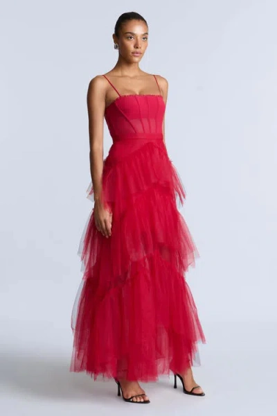 Bcbg Oly Tiered Ruffle Tulle Evenin In Red