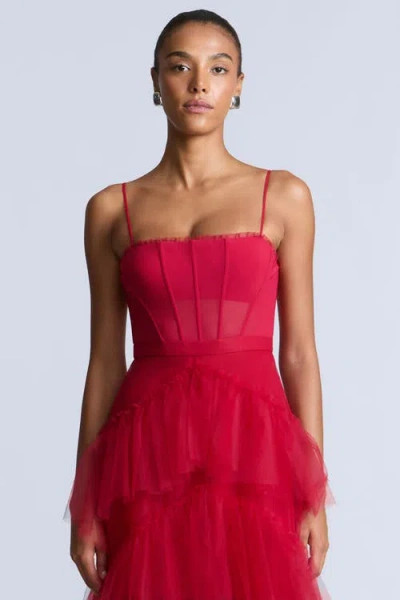 Bcbg Oly Tiered Ruffle Tulle Evenin In Red