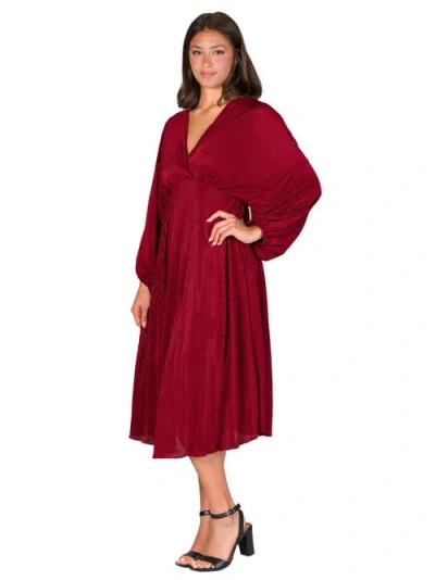 24seven Comfort Apparel Women's Pleated V Neck Empire Waist Midi Dress In Burgundy